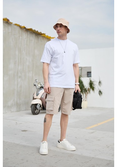 Bej Renk Kargo Cepli Paraşüt Kumaş Erkek Şort-1556 Bej