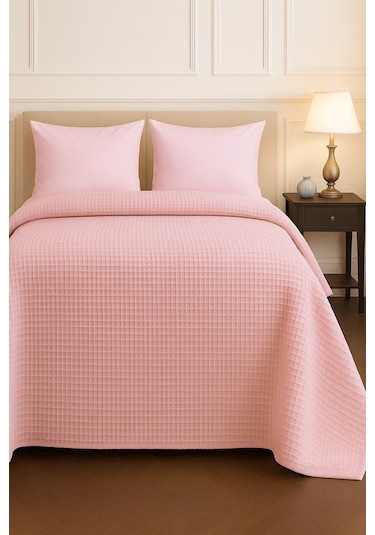 Renkli Gofret Desen Tek Kişilik Yatak Örtüsü Otel Pike 160x230 Cm Pudra Pudra
