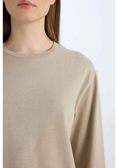Defacto Regular Fit Bisiklet Yaka Basic Düz Uzun Kollu Tişört Tunik D4897AX24WNKH479 Haki
