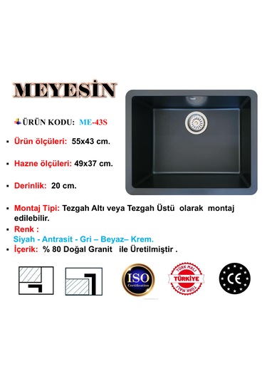 Meyesin ME-43S Tezgah Altı Granit Mutfak Eviyesi Siyah 43 x 55 CM