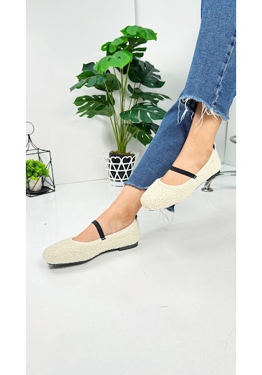 Günlük Kadın Babet Peluş Lastikli Oval Burunlu Alçak Topuklu Tırtıklı Tabanlı Ayakkabı 369 Bej