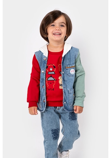Overdo Kids Erkek Çocuk Renkli Kapüşonlu Kot Ceket Mavi