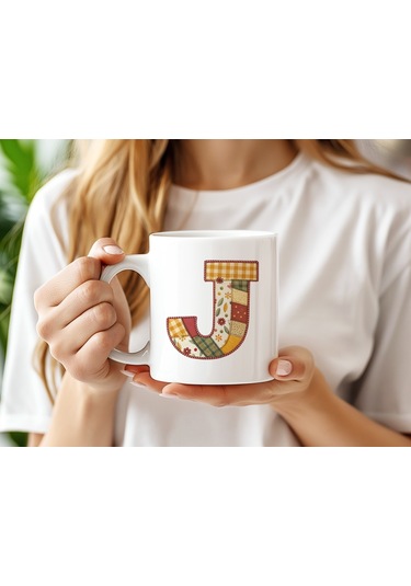 J Harfi Sonbahar Kış Temalı Yamalı Tasarım Kupa Bardak - Etnik Ve Pathwork Severlere Özel Hediye Beyaz