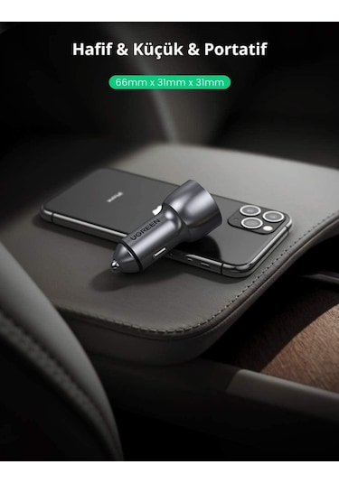 Ugreen Alüminyum 42.5W Pd Qc 3.0 Çift Çıkışlı Hızlı Araç Şarj Cih