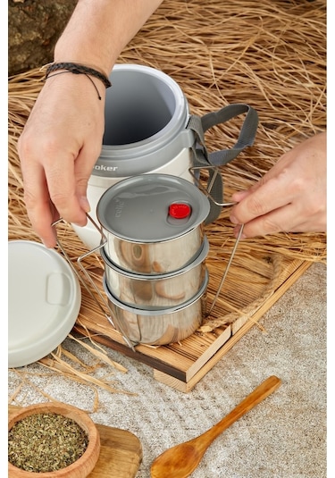 Cooker 3146 Gri Lüx 1,2 Litre Çelik Hazneli 3'lü Yemek Termosu