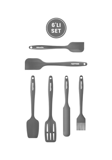 Silikon Mutfak Seti 6 Lı, Isıya Dayanıklı Yanmaz Yapışmaz Silikon Spatula Seti 6 Parça Gri Gri