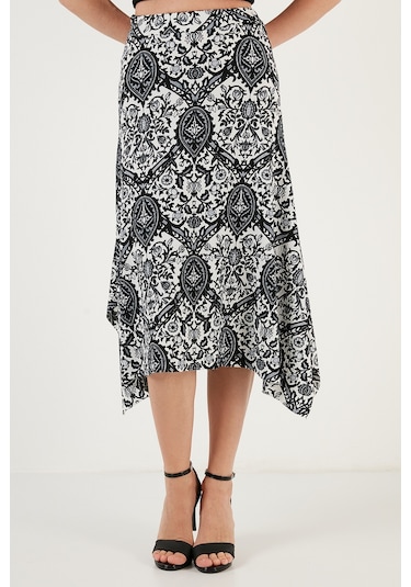 Lela Desenli Dar Kesim Asimetrik Midi Bayan Etek 5865621 Siyah-Beyaz