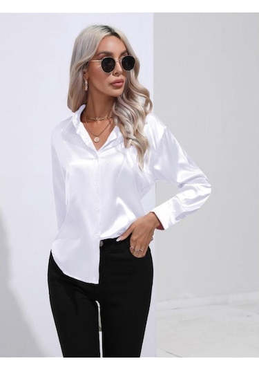 Beyaz İlkbahar Ve Sonbahar Kadın Gömlek Saten Gömlek Mizaç Banliyö Uzun Kollu Üst Beyaz