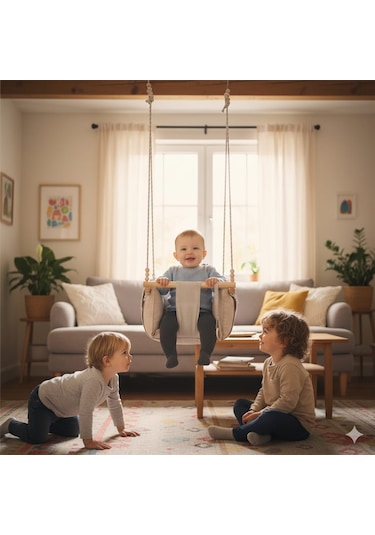 Ahşap Çocuk & Bebek Salıncağı Krem Rengi Minder Yastık Ve Diş Halkalı Tavan Salıncak