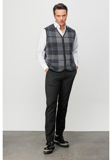 Erkek V Yaka Önü Kareli Yelek K.füme K.füme