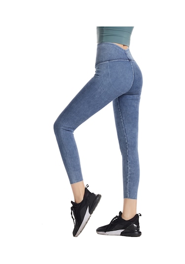 Ximistore9 Kadınlar İçin Yüksek Bel Gövde Vurgulayan Esnek Yoga Spor Tayt - Lacivert Koyu Mavi