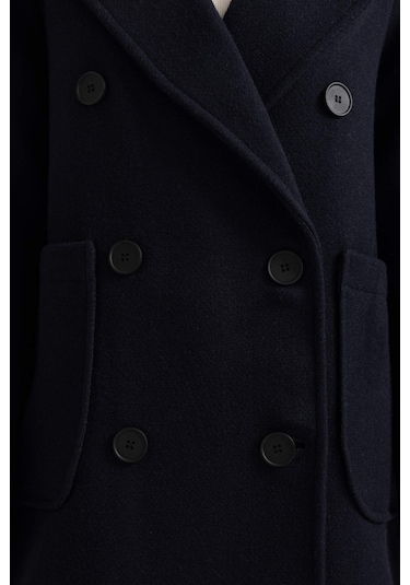 Defacto Regular Kalıp Kruvaze Yaka Düğmeli Cepli Yünlü Hafif Uzun Kaşe Kaban A9899AX23WNNV176 Lacivert