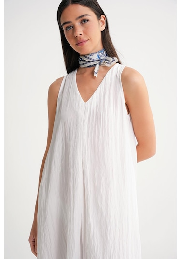 4700 Kadın V Yaka Önü Pileli Elbise Beyaz Beyaz