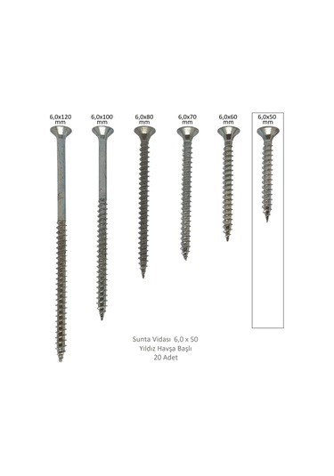 Sunta Vidası, 6,0 X 50 Mm, 20 Adet, Yhb Vida 6 x 50