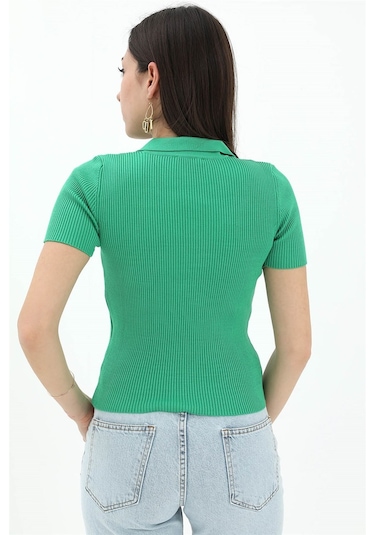 Polo Yakalı Kısa Kol Triko Kazak - Yeşil - Kadın Yeşil