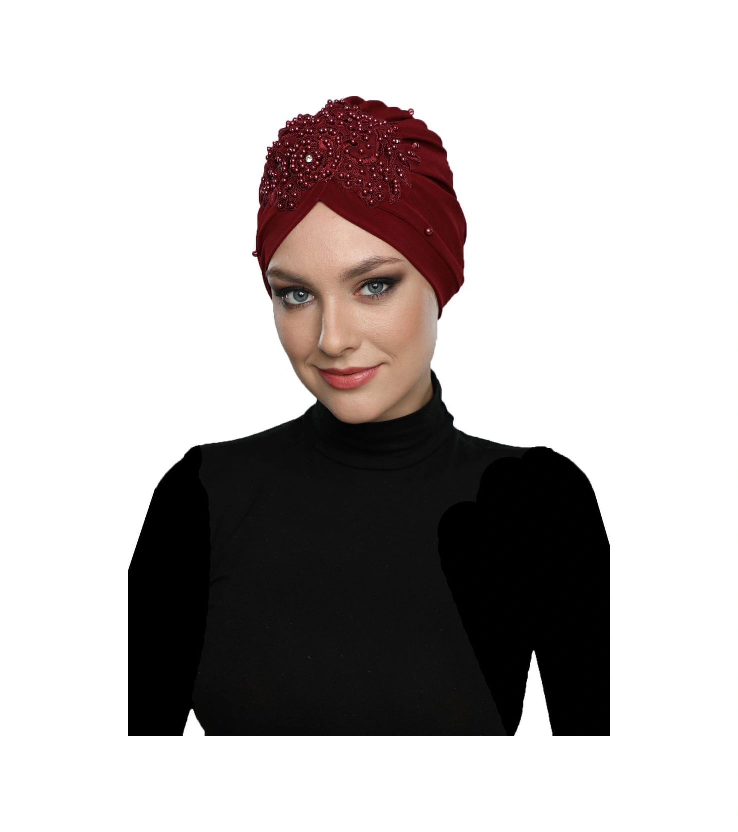 Kopma Astarlı İşlemeli Bordo Gül Dantel Motifli Hazır Türban Tesettür Abiye Bone Bordo Gül