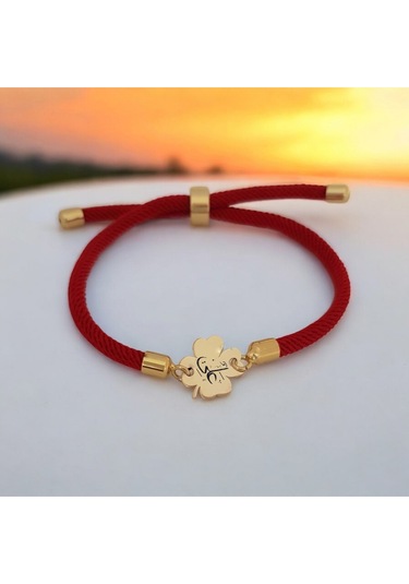 Çiçek Figürlü Örgü İpli 14 Ayar Altın Plakalı Hz Ali Sembollü Hediye Bileklik-324sembol-kırmızı Altın
