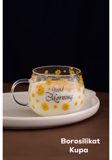 Porsima 2089 Borosilikat Isıya Ateşe Dayanıklı Cam Kulplu Çay Bardağı Kahve Bardak Kupa Sarı 400 Ml Şeffaf