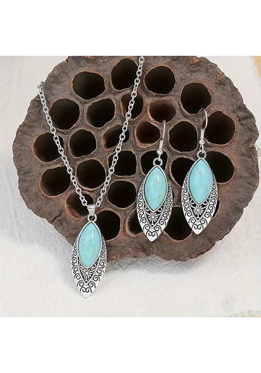 Otantik Mavi Taşlı Gümüş Takı Seti, Ahşap Kutu İçerisinde, Sevgililer Günü Hediyesi Gümüş