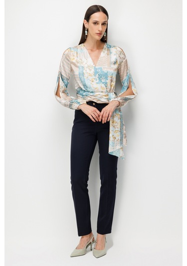Ekol Kadın Beli Fularlı Desenli Crop Bluz 2094 Turkuaz