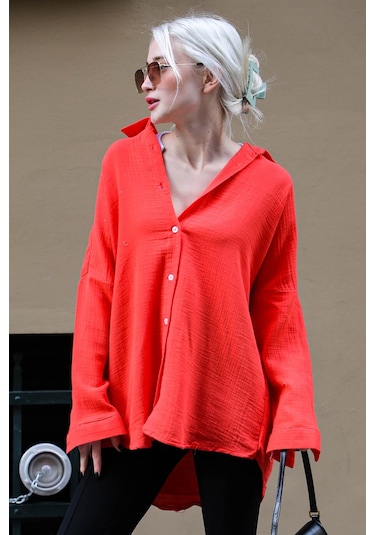 Madmext Kırmızı Muslin Kumaş Basic Kadın Gömlek Mg1660-kırmızı Kırmızı