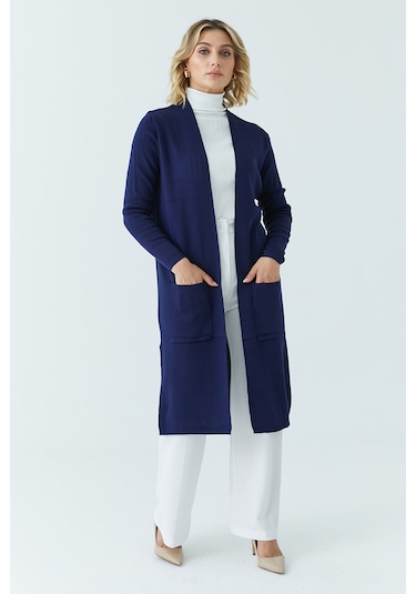 Modaplaza Kadın Cepli Düz Uzun Hırka 4341- Lacivert