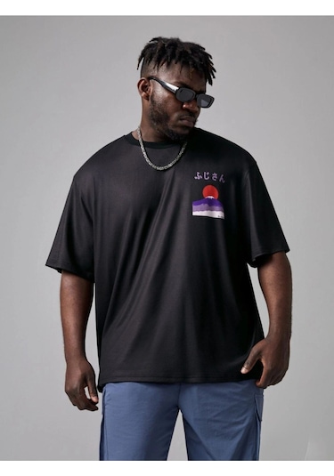 Erkek Siyah Oversize Dağ Baskılı T-shirt Siyah-68486