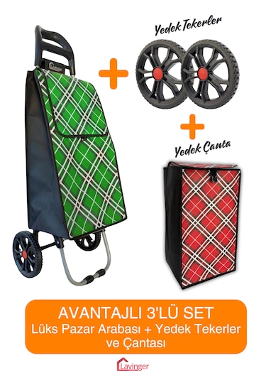 Pazar Arabası Plus Avantajlı 3' Lü Set Pazar Arabası + Yedek Tekeri + Yedek Çantası. Yeşil