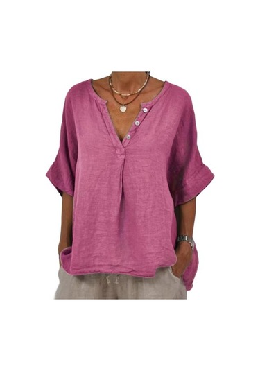 Pamuk Keten Kadın Gömlek V Yaka Düğmeli Yarım Patlet Yarım Kol Nefes Alabilir Bol Gül Kırmızısı Pamuk Keten Kadın Gömlek V Yaka Düğmeli Yarım Patlet Yarım Kol Nefes Alabilir Bol Gül Kırmızısı