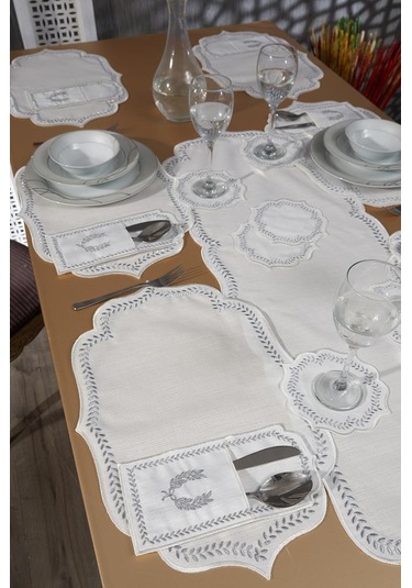 Nişan Keten Nakışlı Amerikan Servis Takımı 19 Parça Silver Gümüş