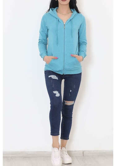 Buyers Butik - Kapşonlu Fermuarlı Sweat Petrol - 11866.108. 001