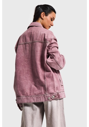 Kadın Lila 3s6-98 Oversize Özel Yıkamalı Bol Kesim Denim Ceket