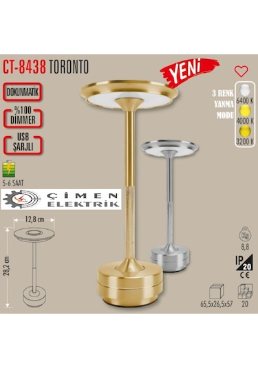 Cata Ct 8438 Toronto Krom Kasa 3 Renkli Dokunmatik Şarjlı Masa Lambası