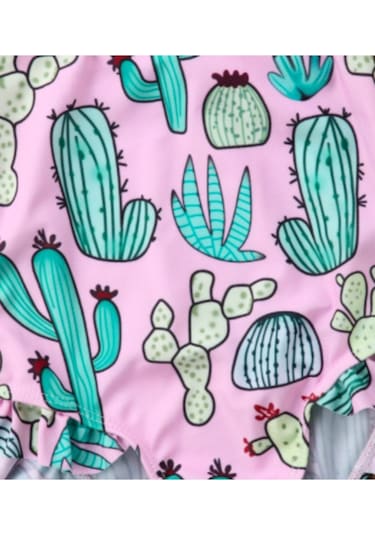 Pembe Kaktus Desenli Mayo Ve Sac Bandi- Kiz Cocuk Bebek Mayo Ve Bant