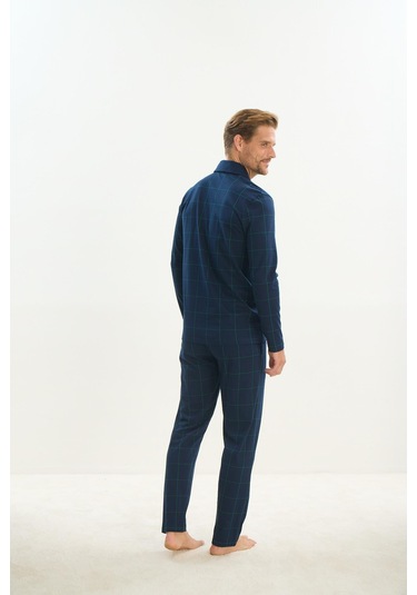 Erkek Uzun Kol Gömlek Yaka Önden Düğmeli Lacivert Pijama Takım C2t1n5o9 001