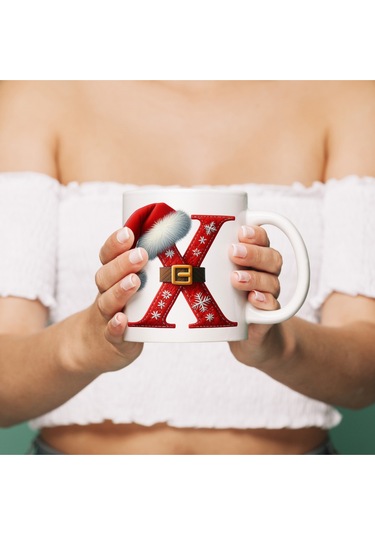 X Harfi Yılbaşı Temalı Bardak 330 Ml Harfli Kişiye Özel Hediye - Yeniyıl / Noel Şapka Tasarım Beyaz