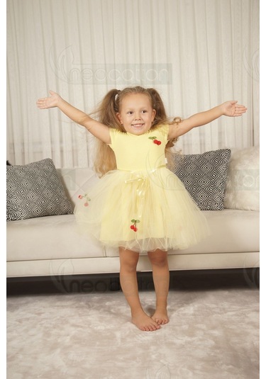 Tüllü Astarlı Esnek Kirazlı Elbise Kısa-sarı Sarı