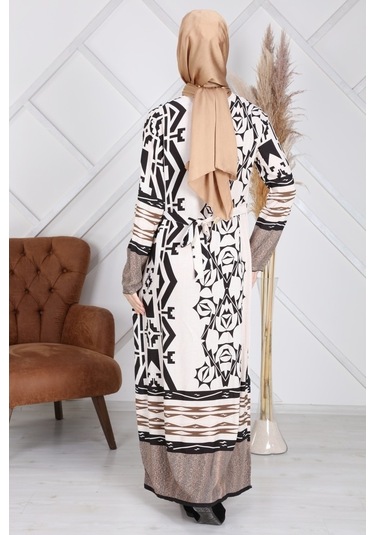 Reis Geometrik Desenli Viskon Tesettür ElbiseBeyaz