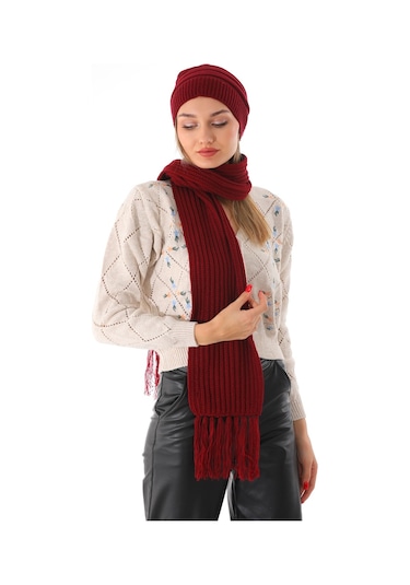 Kadın Ipli Bere Bordo Selanik Örgü Atkı Takım Bordo