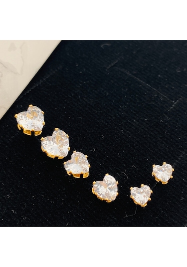 Tektaş Küpe Kalp Model Tektaş Üçlü Set Küpe Kararmaz Çelik Gold