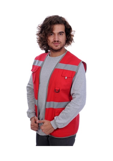 Çok Cepli Alet Yelek Kırmızı / Gri Reflektörlü