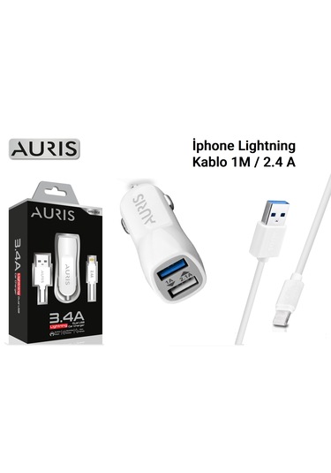 Auris Cr02 İphone Kablolu Araç Şarj Cihazı Set Oto Çakmaklık 3.4a