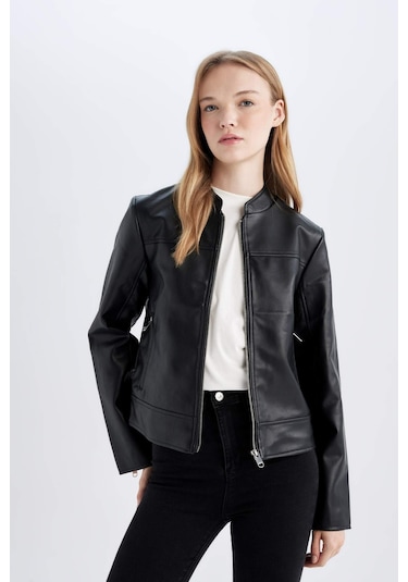 Defacto Regular Kalıp Fermuarlı Cepli Siyah Suni Deri Ceket D4176AX24AUBK27 Siyah