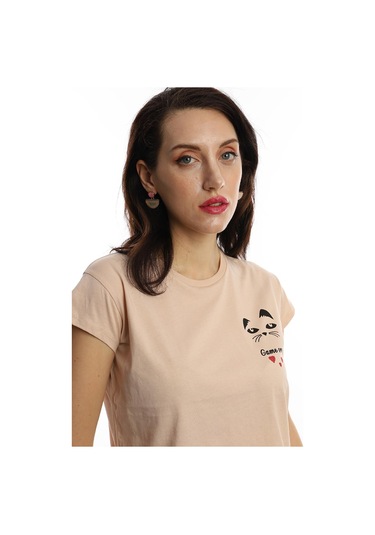 Kadın Game Over Kedi Baskılı Tişört Bej