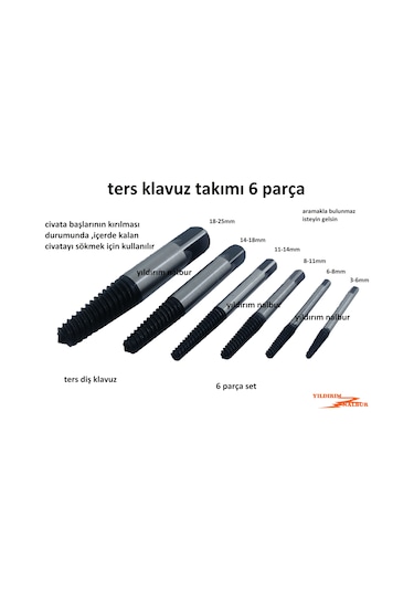 Klavuz Ters Diş Açma Kılavuzu 6 Parça Klavuz Takımı Ters