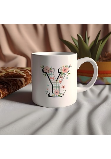 Y Harfli Çiçek Desenli Kupa Bardak - Ekose Desenli Yeşil Pembe Desenli Tasarım - Kişiye Özel Hediye Beyaz