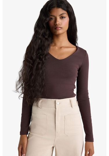 Defacto Slim Fit Dar Kesim Basic Düz Modal Uzun Kollu Tişört F7153ax25aubn340 Kahve