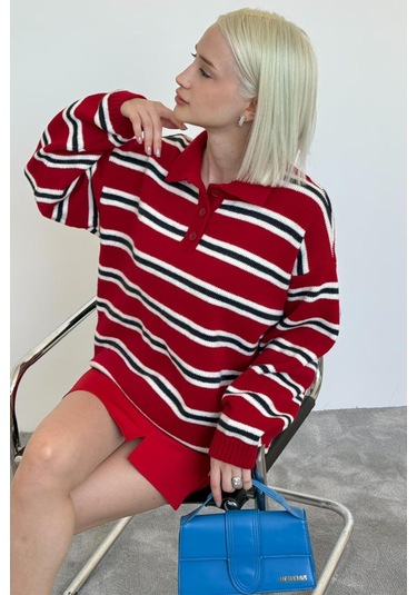Kırmızı Polo Yaka Çizgili Kadın Triko Kazak Mg2469 Kırmızı