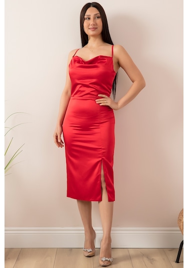 Kalopya Saten Askılı Kalem Elbise 13387- Çok Renkli