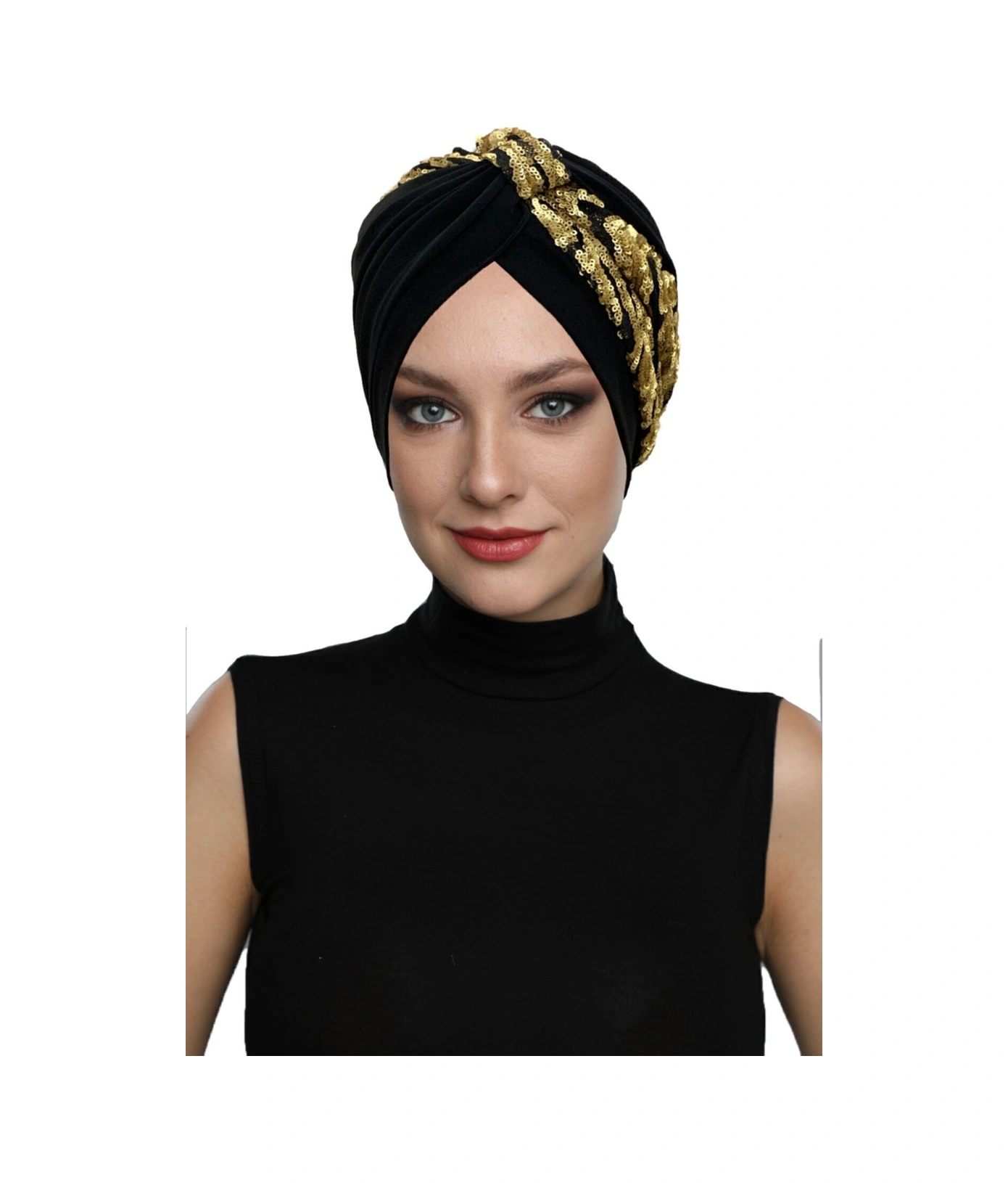 Özel Tasarım Siyah Üzeri Altın Dalgalı Payetli Astarlı Hazır Türban Tesettür Abiye Bone Siyah4